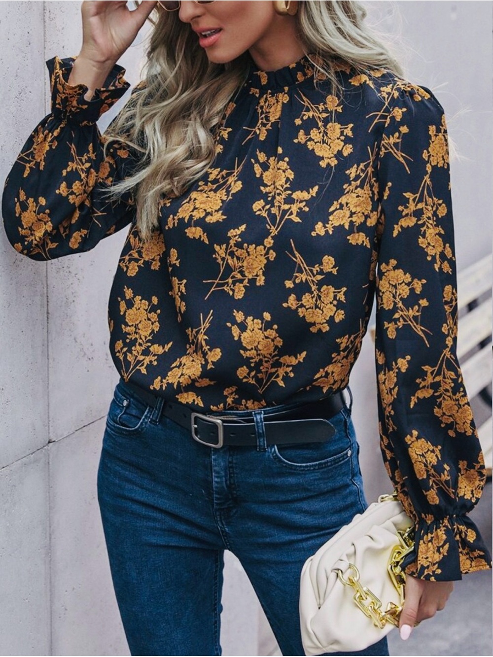 SHEIN Black Blouse with Gold Floral Print